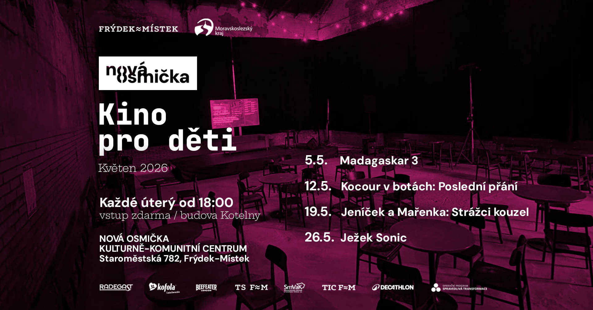 Kino pro děti - Ježek Sonic - banner akce v kulturním centru Nová Osmička