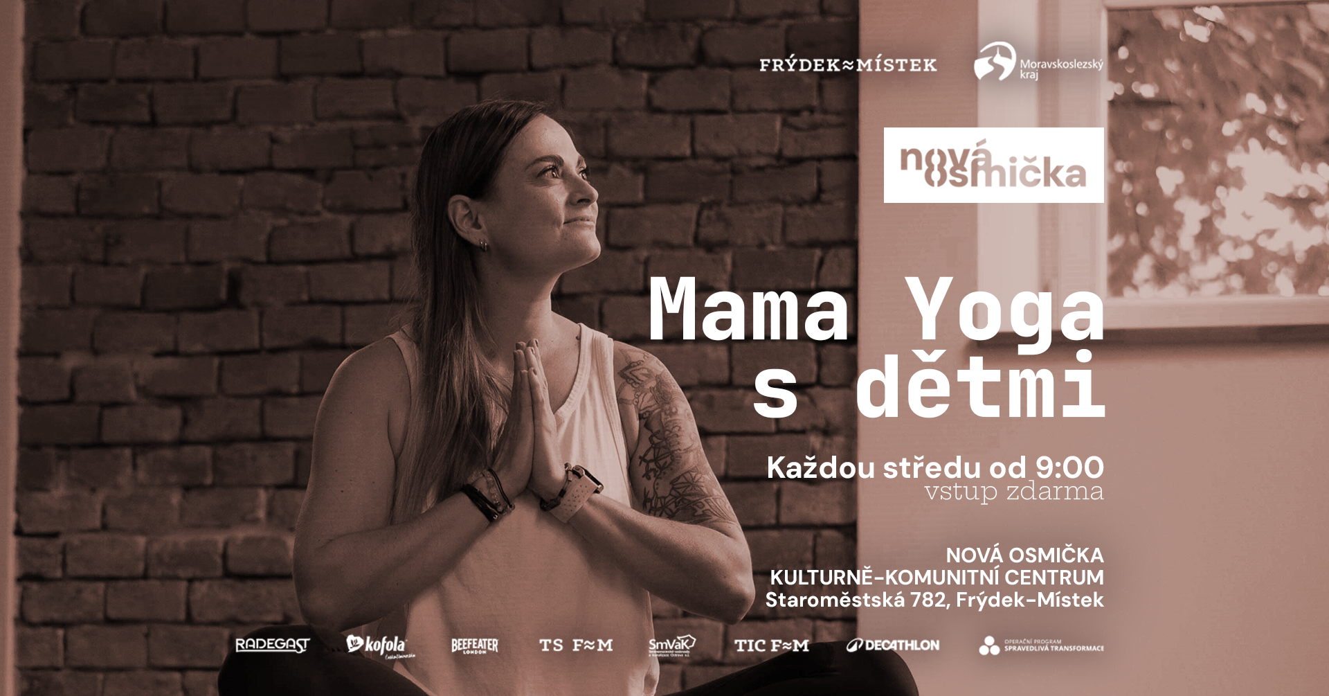 Mama Yoga s dětmi - banner akce v kulturním centru Nová Osmička
