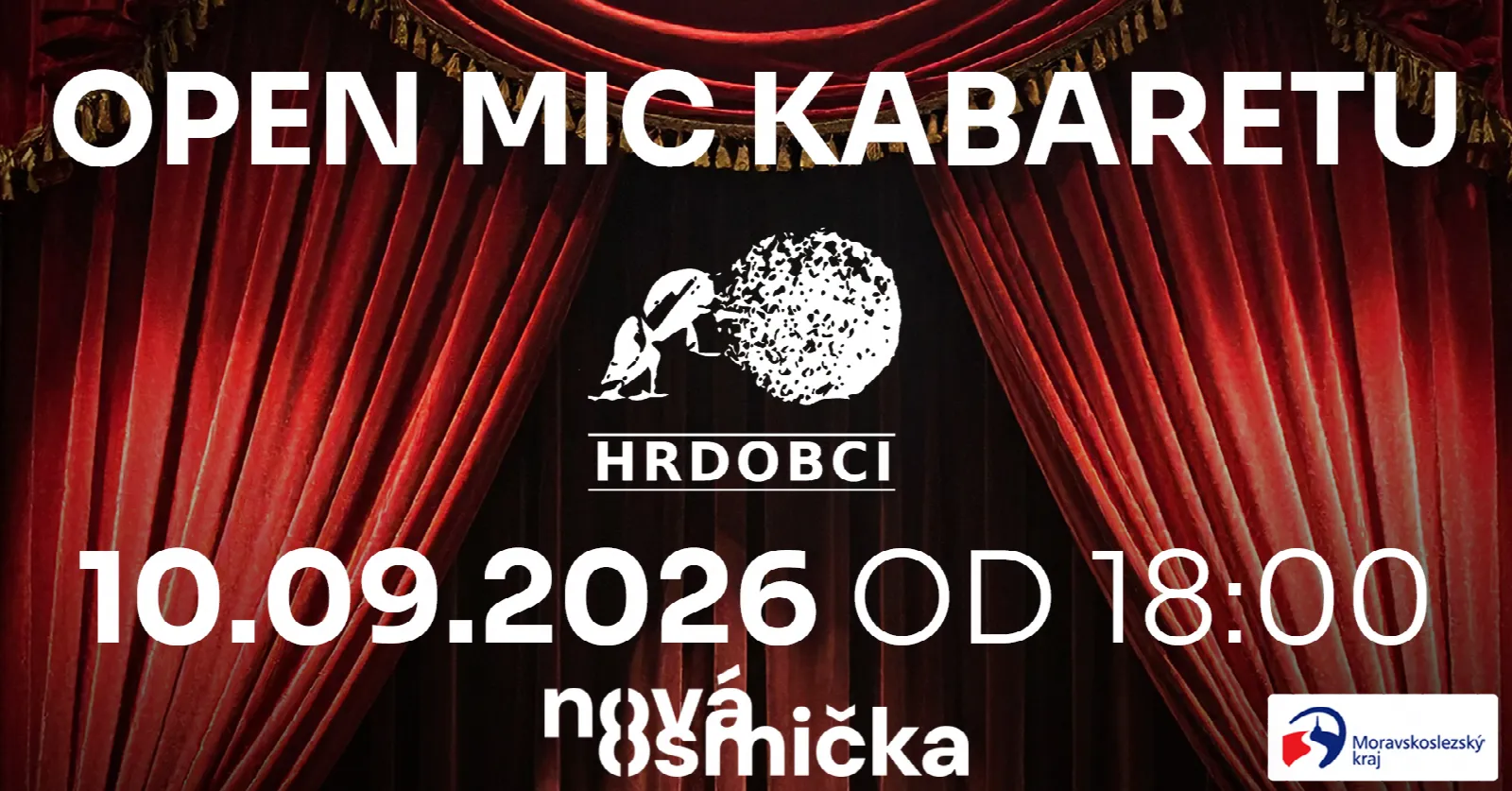 Open Mic Kabaretu Hrdobci - banner akce v kulturním centru Nová Osmička