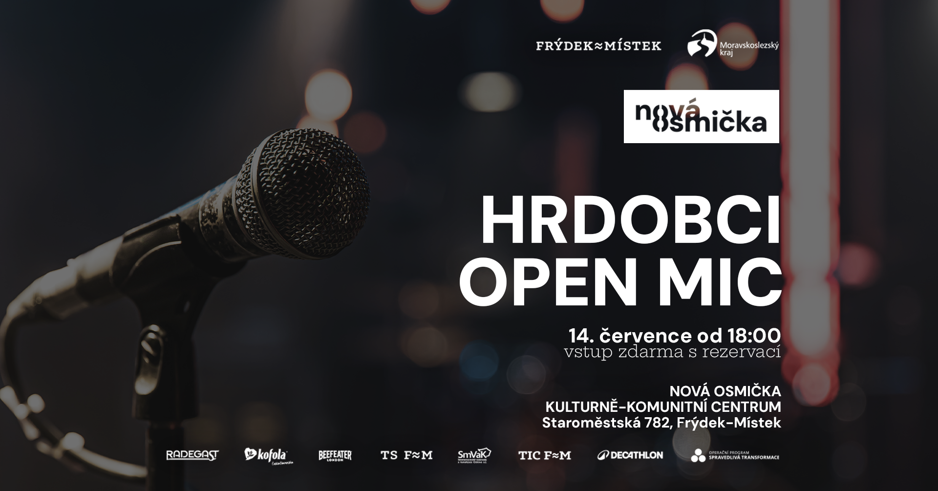 Open Mic Kabaretu Hrdobci - banner akce v kulturním centru Nová Osmička
