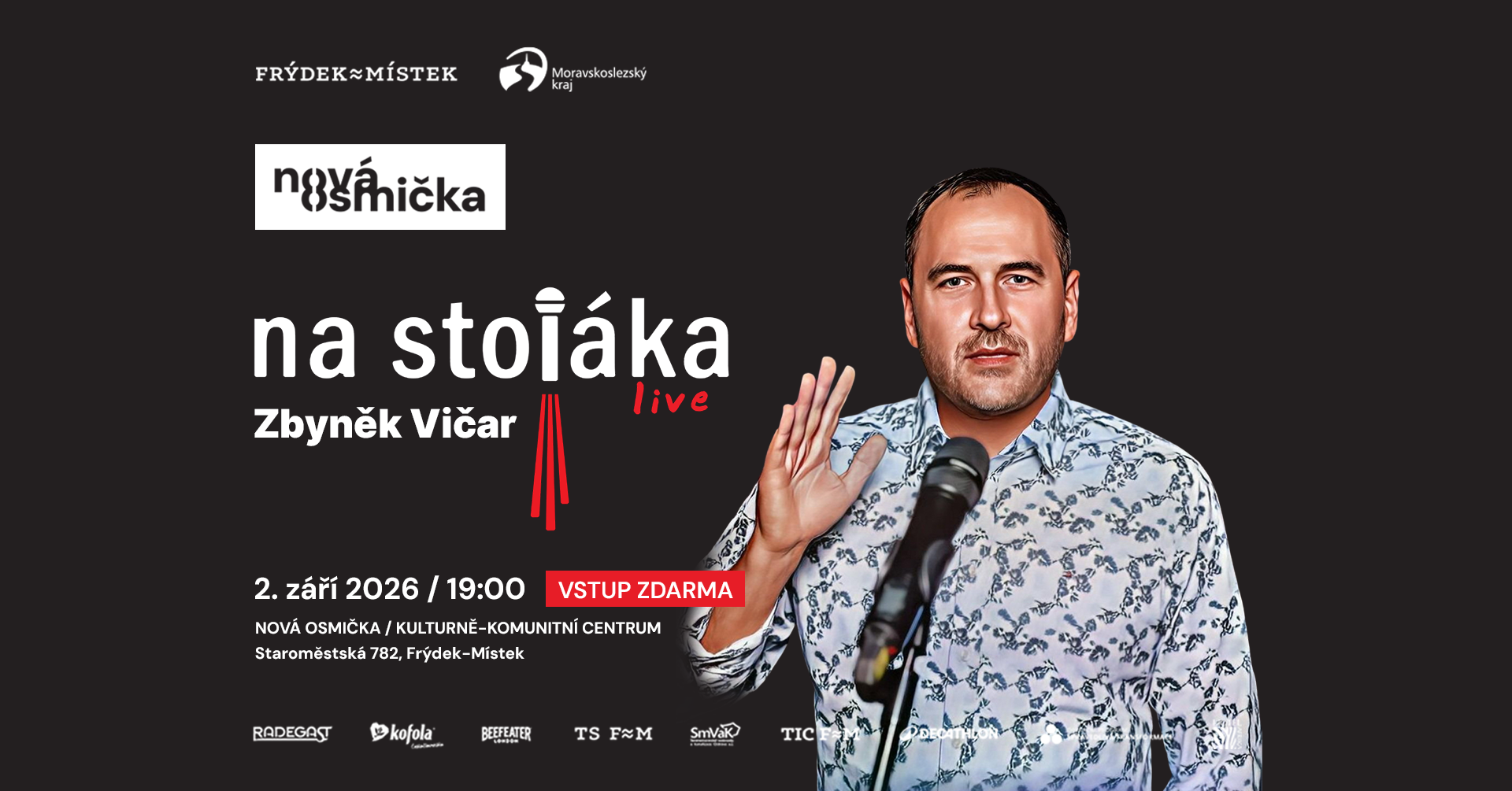Na Stojáka s Zbyňkem Vičarem - banner akce v kulturním centru Nová Osmička