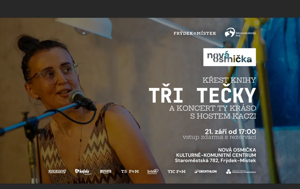 Křest knihy tři tečky | tykráso + Kaczi - banner akce v kulturním centru Nová Osmička