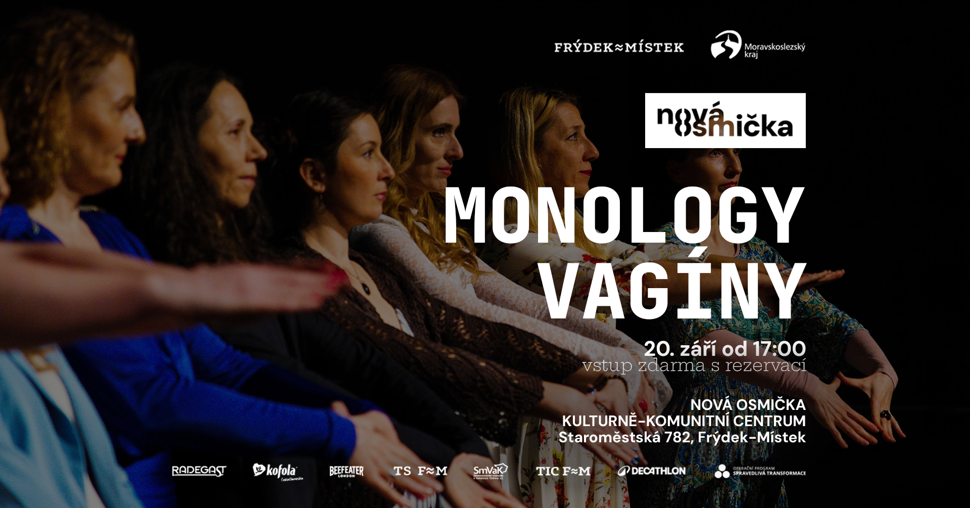 Monology Vagíny 2026 - banner akce v kulturním centru Nová Osmička