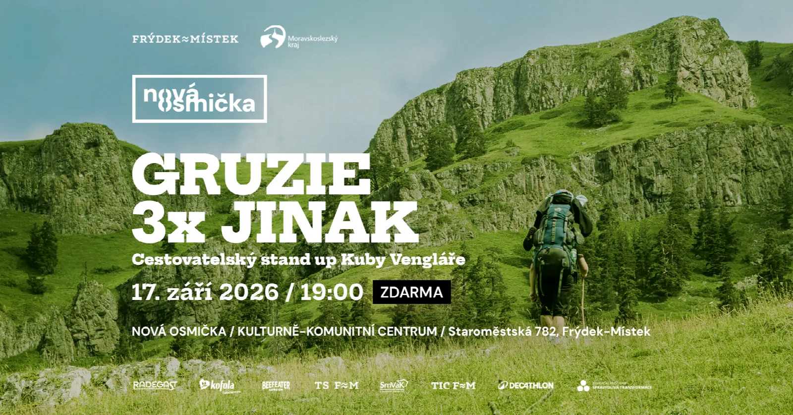 GRUZIE 3X JINAK - banner akce v kulturním centru Nová Osmička