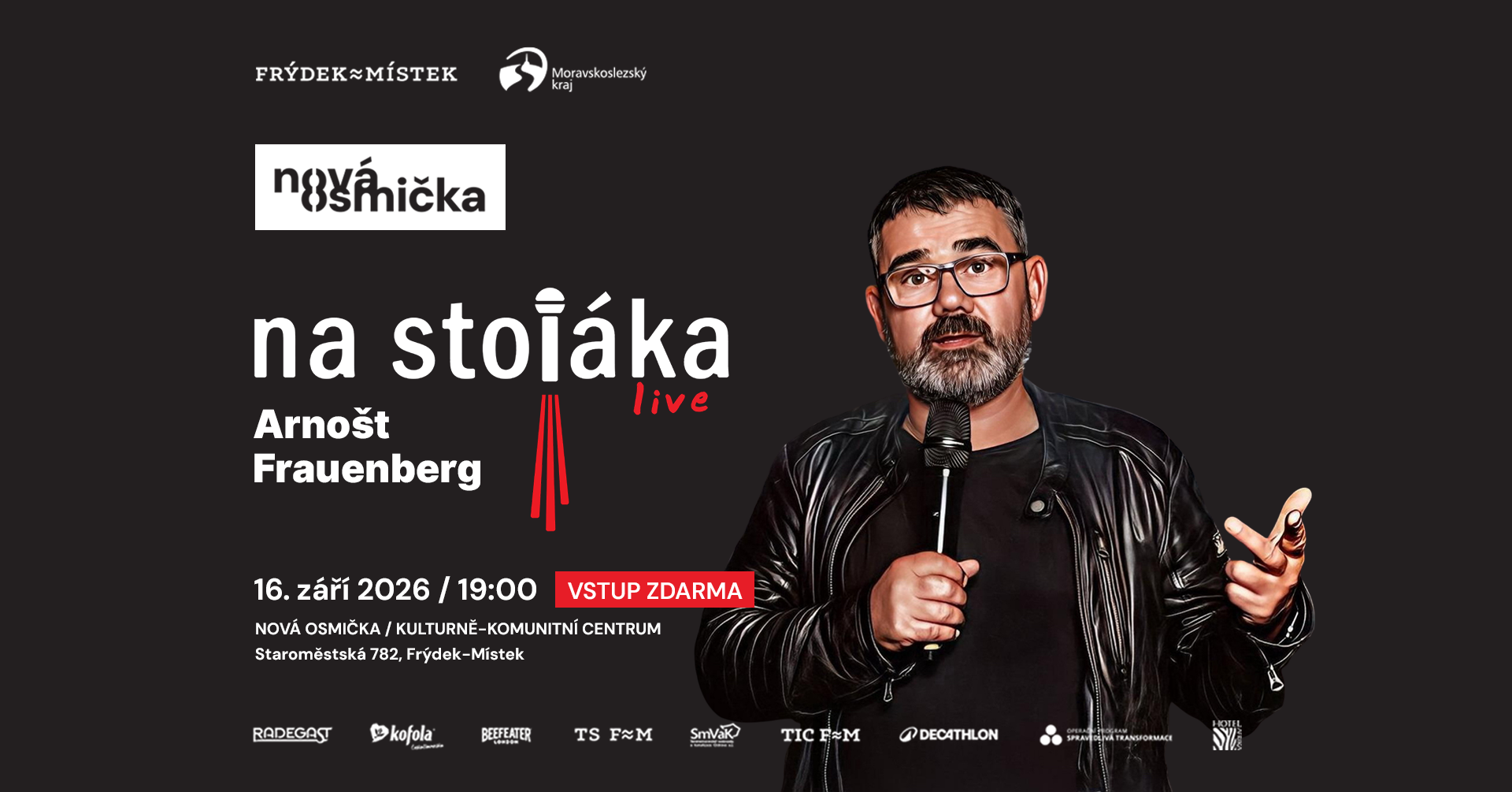 Na Stojáka s Arnoštem Frauenbergem - banner akce v kulturním centru Nová Osmička