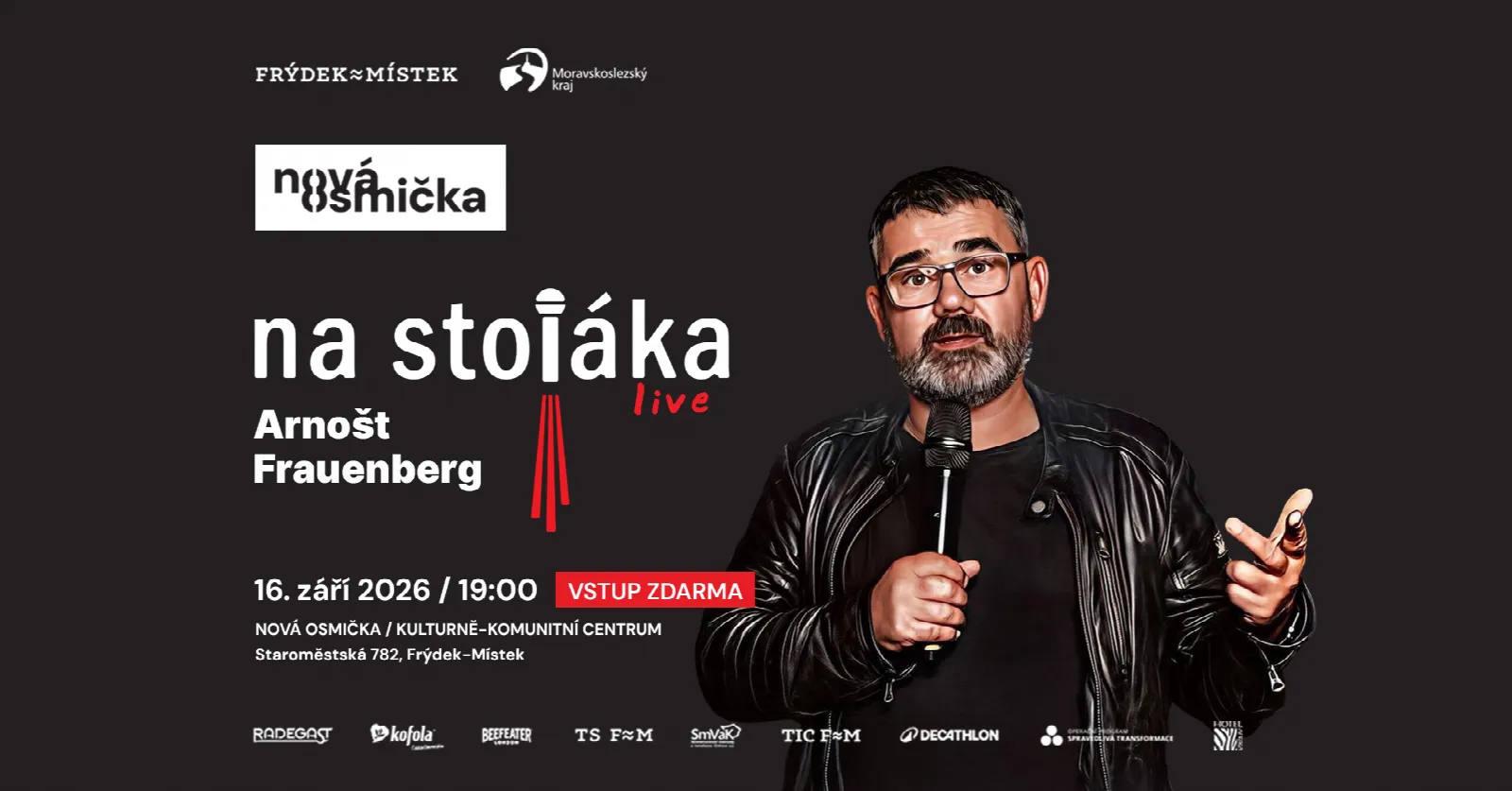 Na Stojáka s Arnoštem Frauenbergem - banner akce v kulturním centru Nová Osmička