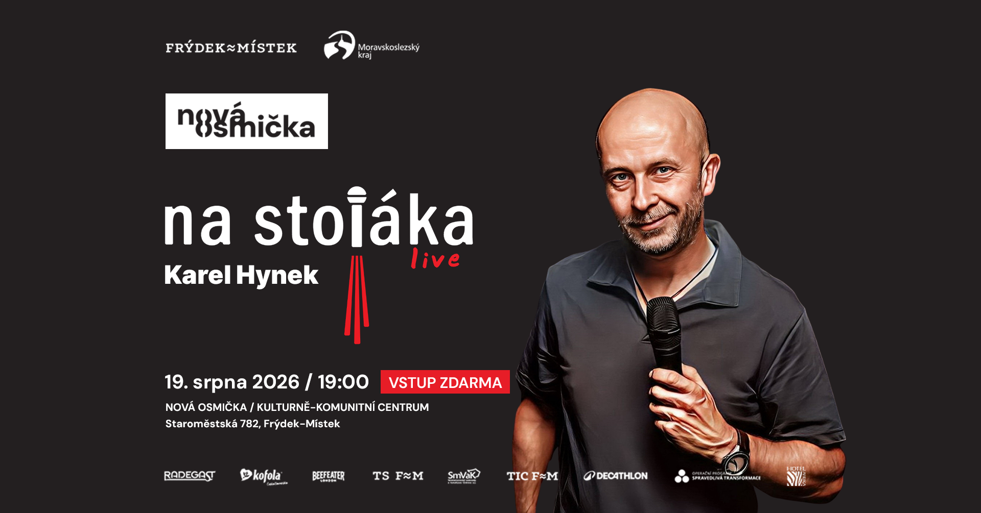 Na Stojáka s Karlem Hynkem - banner akce v kulturním centru Nová Osmička